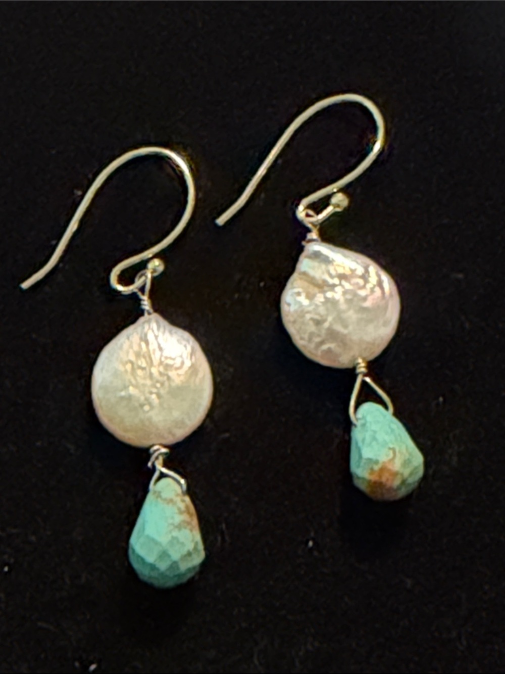 Fresh water white coin pearls turquoise faceted teardrops 14kt gf wires pierced